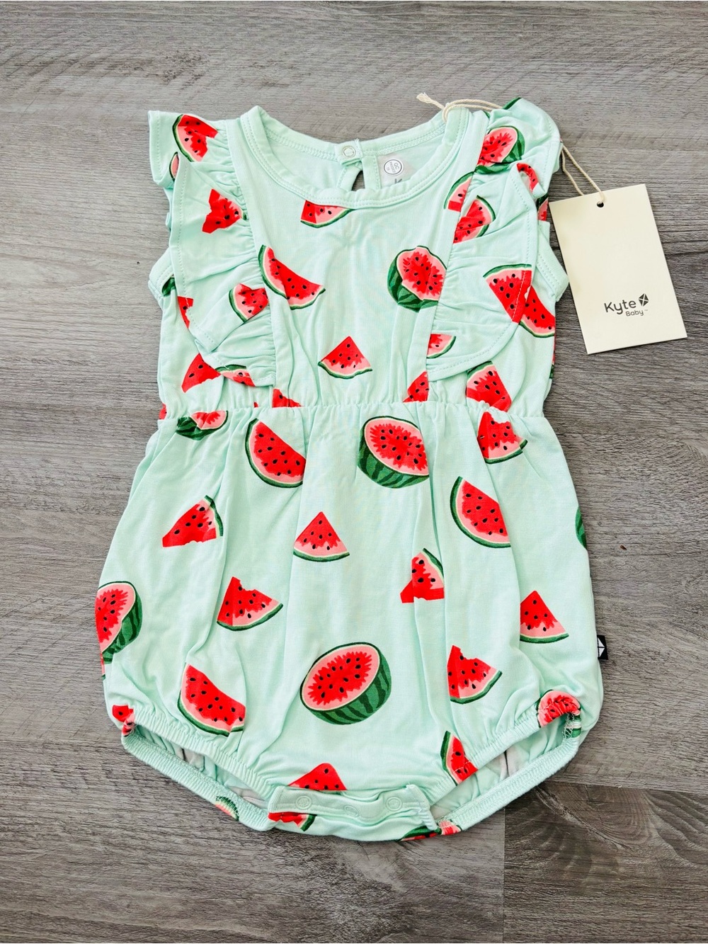 NEW Kyte BABY Mint Green Watermelon Print Ruffle Bubble Romper